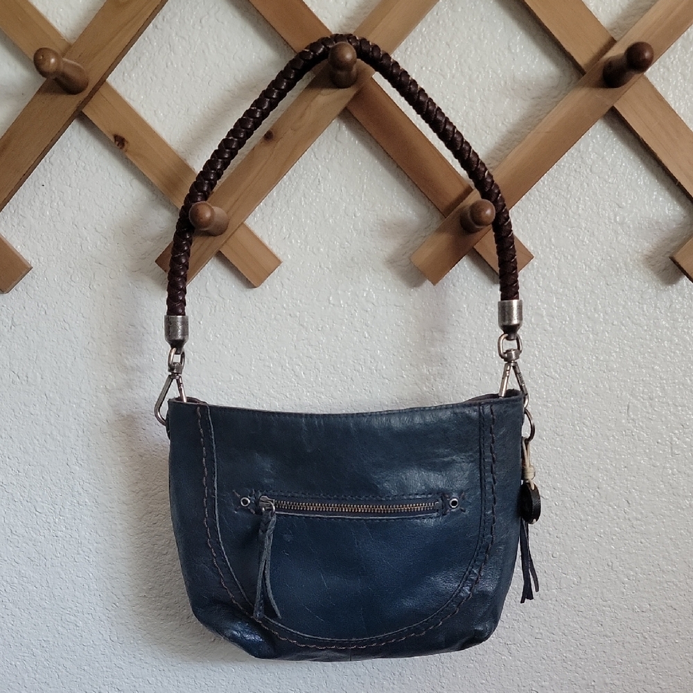 The Sak Navy Blue Leather Hobo with Brown Braided Strap